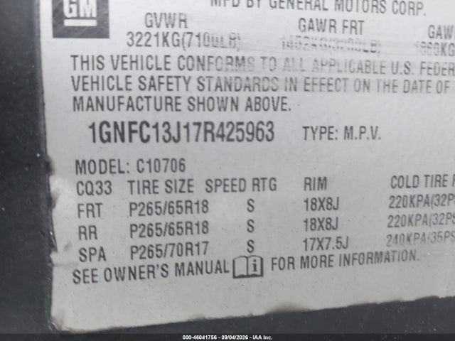 46041756 :رقم المزاد ، 1GNFC13J17R425963 vin ، 2007 Chevrolet Tahoe Lt مزاد بيع