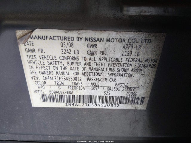 Aukcja sprzedaży 2008 Nissan Altima 2.5 S, vin: 1N4AL21E58N530812, numer aukcji: 46041767