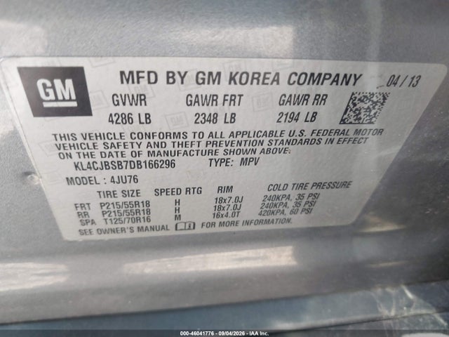 46041776 :رقم المزاد ، KL4CJBSB7DB166296 vin ، 2013 Buick Encore Convenience مزاد بيع