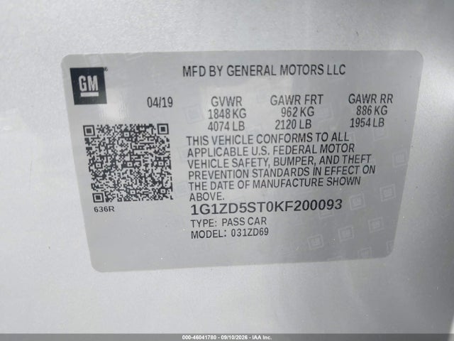 2019 Chevrolet Malibu Lt მანქანა იყიდება აუქციონზე, vin: 1G1ZD5ST0KF200093, აუქციონის ნომერი: 46041780