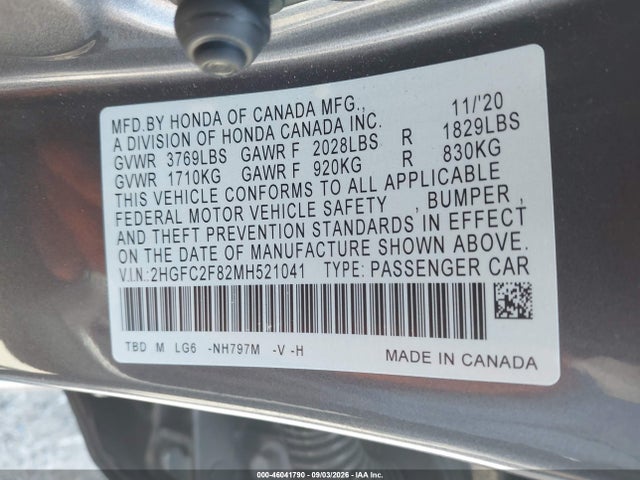 Продажа на аукционе авто 2021 Honda Civic Sport, vin: 2HGFC2F82MH521041, номер лота: 46041790