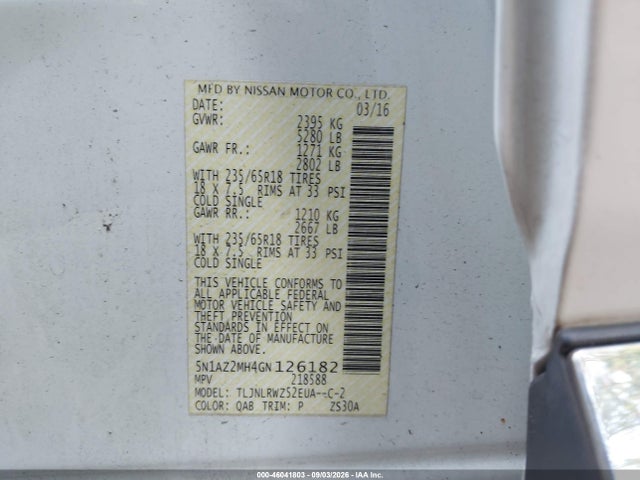 Продаж на аукціоні авто 2016 Nissan Murano Sl, vin: 5N1AZ2MH4GN126182, номер лоту: 46041803