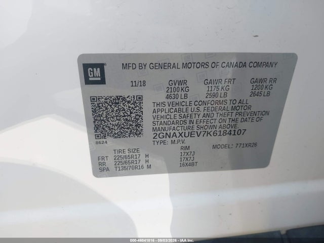 Aukcja sprzedaży 2019 Chevrolet Equinox Lt, vin: 2GNAXUEV7K6184107, numer aukcji: 46041816