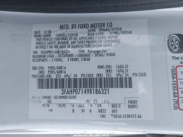 Продаж на аукціоні авто 2009 Ford Fusion Se, vin: 3FAHP07149R186321, номер лоту: 46041826