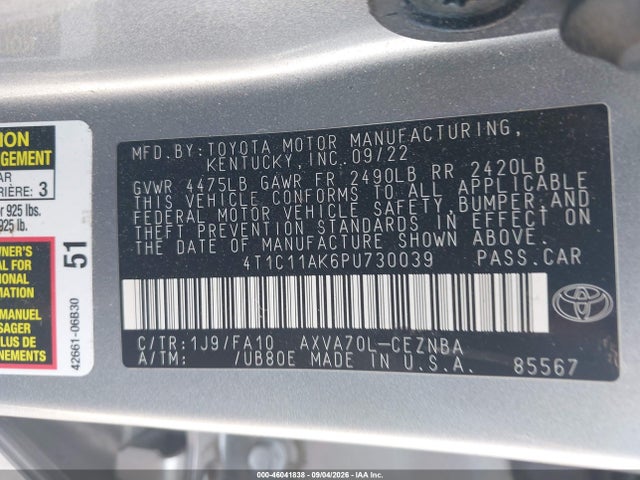 Продажа на аукционе авто 2023 Toyota Camry Le, vin: 4T1C11AK6PU730039, номер лота: 46041838