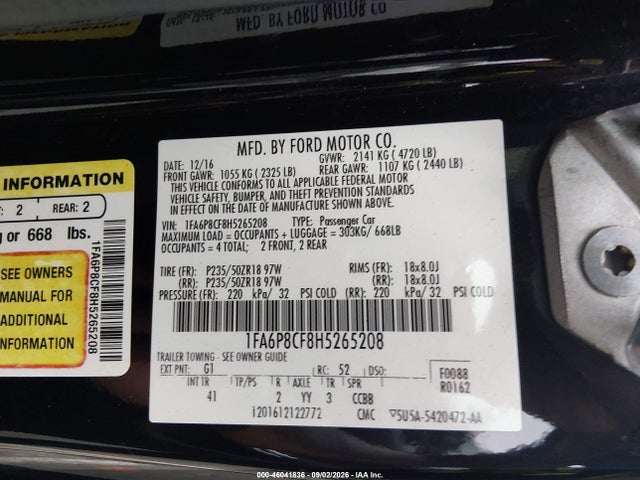 46041836 :رقم المزاد ، 1FA6P8CF8H5265208 vin ، 2017 Ford Mustang Gt Premium مزاد بيع