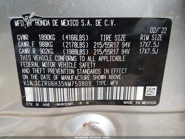 2022 Honda Hr-v Awd Lx მანქანა იყიდება აუქციონზე, vin: 3CZRU6H35NM753809, აუქციონის ნომერი: 46041840