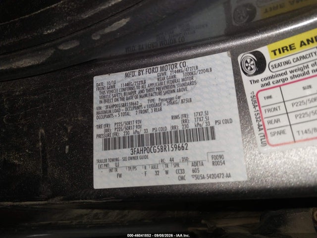 46041852 :رقم المزاد ، 3FAHP0CG5BR159662 vin ، 2011 Ford Fusion Sel مزاد بيع
