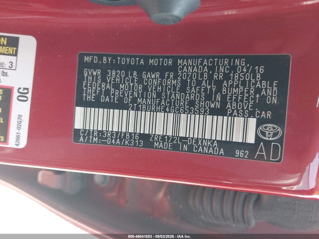 46041853 :رقم المزاد ، 2T1BURHE4GC653593 vin ، 2016 Toyota Corolla Le مزاد بيع