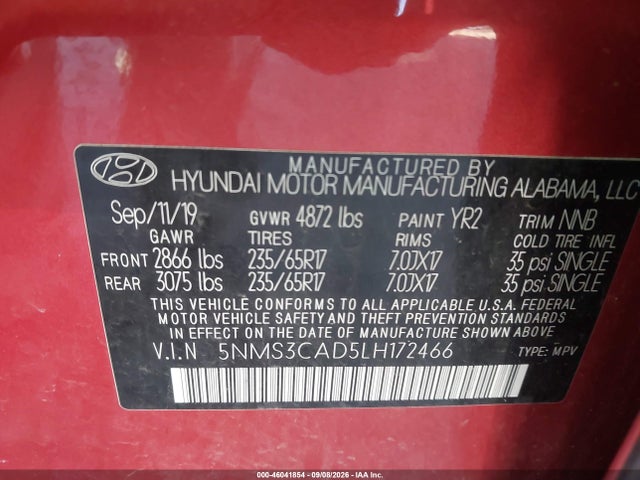 Продажа на аукционе авто 2020 Hyundai Santa Fe Sel, vin: 5NMS3CAD5LH172466, номер лота: 46041854