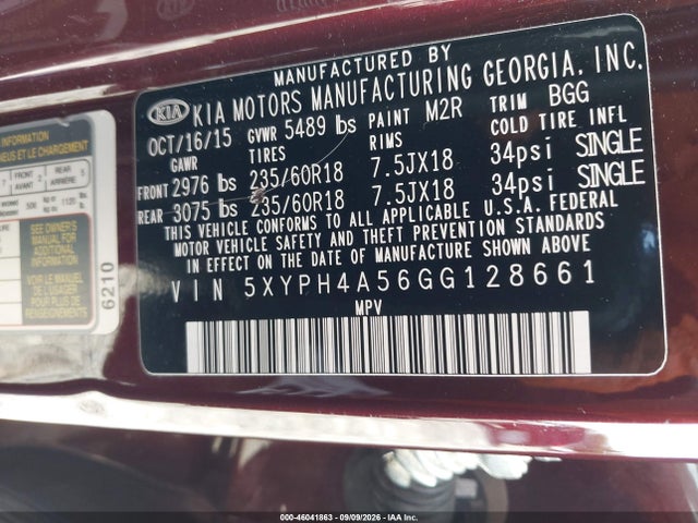 2016 Kia Sorento 3.3l Ex მანქანა იყიდება აუქციონზე, vin: 5XYPH4A56GG128661, აუქციონის ნომერი: 46041863