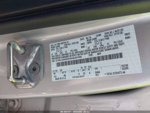 2017 Ford Escape Se მანქანა იყიდება აუქციონზე, vin: 1FMCU0GDXHUA33159, აუქციონის ნომერი: 46041871