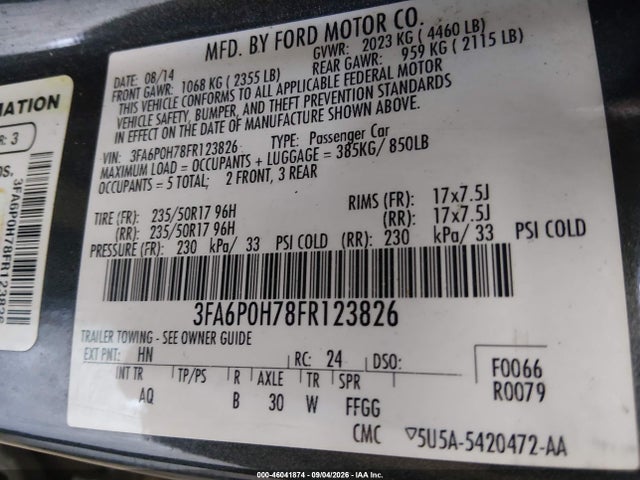 Aukcja sprzedaży 2015 Ford Fusion Se, vin: 3FA6P0H78FR123826, numer aukcji: 46041874