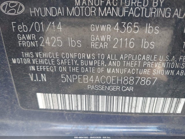 2014 Hyundai Sonata Gls მანქანა იყიდება აუქციონზე, vin: 5NPEB4AC0EH887867, აუქციონის ნომერი: 46041883