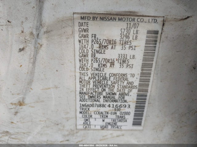 46041884 :رقم المزاد ، 1N6AD07U88C416693 vin ، 2008 Nissan Frontier Se مزاد بيع