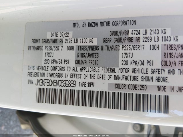 Aukcja sprzedaży 2022 Mazda Cx-5 2.5 S Preferred, vin: JM3KFBCM6N0639869, numer aukcji: 46041887