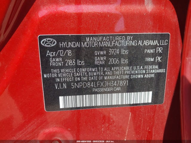 46041888 :رقم المزاد ، 5NPD84LFXJH347891 vin ، 2018 Hyundai Elantra Sel مزاد بيع