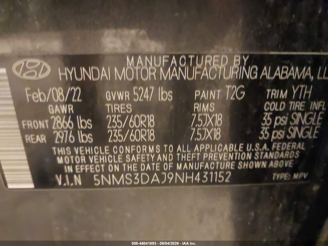 46041893 :رقم المزاد ، 5NMS3DAJ9NH431152 vin ، 2022 Hyundai Santa Fe Sel مزاد بيع