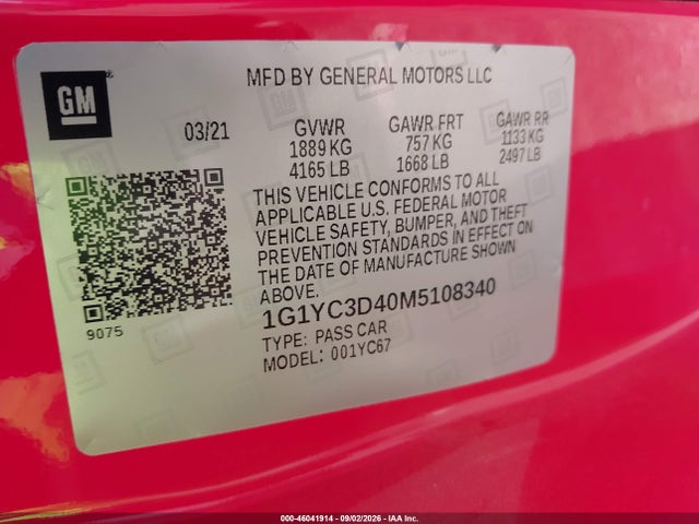 2021 Chevrolet Corvette Stingray Rwd  3lt მანქანა იყიდება აუქციონზე, vin: 1G1YC3D40M5108340, აუქციონის ნომერი: 46041914