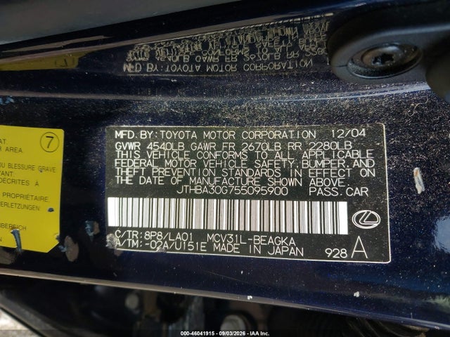 46041915 :رقم المزاد ، JTHBA30G755095900 vin ، 2005 Lexus Es 330 مزاد بيع