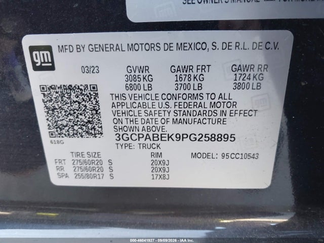 46041927 :رقم المزاد ، 3GCPABEK9PG258895 vin ، 2023 Chevrolet Silverado 1500 2wd  Short Bed Custom مزاد بيع