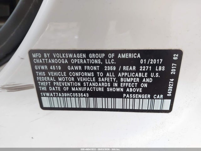 Продаж на аукціоні авто 2017 Volkswagen Passat 1.8t S, vin: 1VWAT7A39HC053543, номер лоту: 46041933