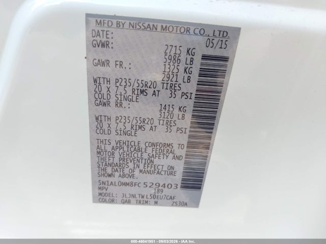 Aukcja sprzedaży 2015 Infiniti Qx60, vin: 5N1AL0MM8FC529403, numer aukcji: 46041951