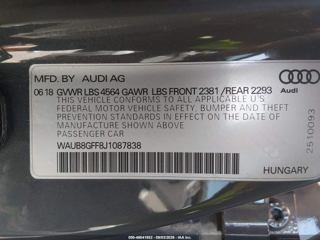 Audi A3 2.0t Premium/2.0t Tech Premium 2018 WAUB8GFF8J1087838 Image 9