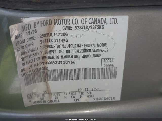 Продажа на аукционе авто 1999 Ford Crown Victoria Lx, vin: 2FAFP74W8XX153966, номер лота: 46041955