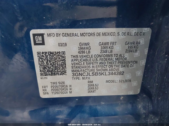 Продаж на аукціоні авто 2019 Chevrolet Trax Lt, vin: 3GNCJLSB5KL344382, номер лоту: 46041960