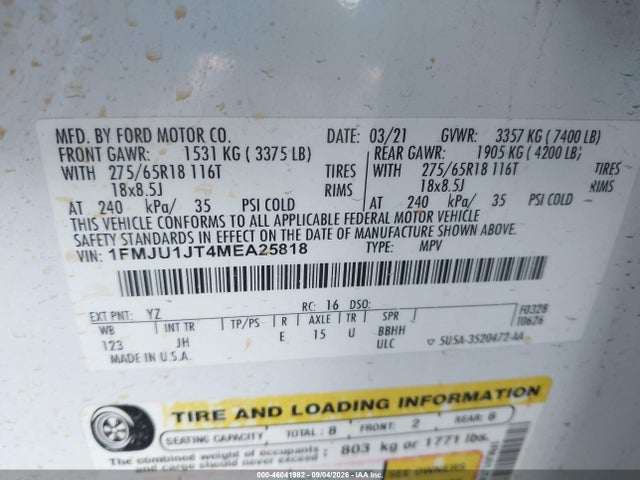 Aukcja sprzedaży 2021 Ford Expedition Xlt, vin: 1FMJU1JT4MEA25818, numer aukcji: 46041982