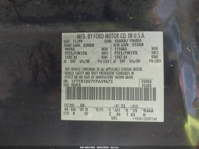2000 Ford Ranger Xl/xlt მანქანა იყიდება აუქციონზე, vin: 1FTYR10V7YPA59673, აუქციონის ნომერი: 46041989