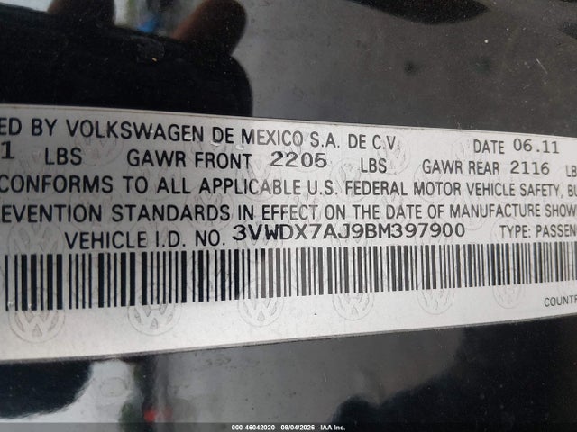 Продаж на аукціоні авто 2011 Volkswagen Jetta 2.5l Se, vin: 3VWDX7AJ9BM397900, номер лоту: 46042020