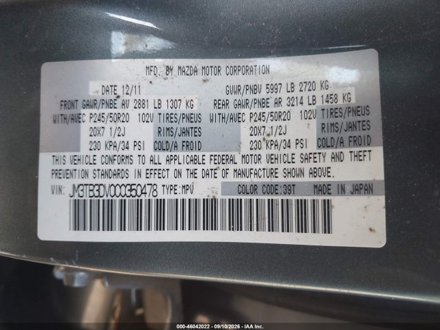 Aukcja sprzedaży 2012 Mazda Cx-9 Grand Touring, vin: JM3TB3DV0C0350478, numer aukcji: 46042022