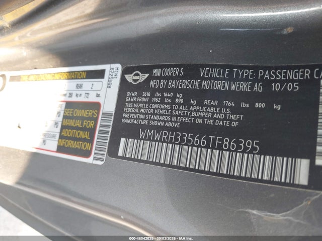 Продажа на аукционе авто 2006 Mini Cooper S, vin: WMWRH33566TF86395, номер лота: 46042025