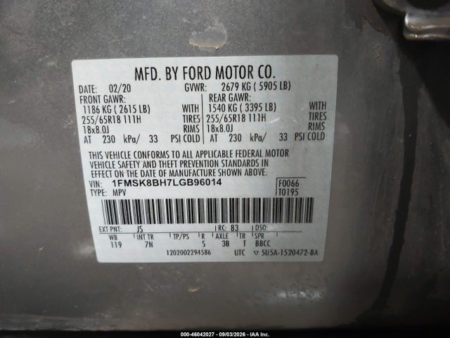 Aukcja sprzedaży 2020 Ford Explorer, vin: 1FMSK8BH7LGB96014, numer aukcji: 46042027