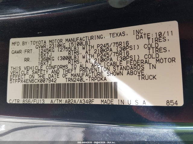 Aukcja sprzedaży 2012 Toyota Tacoma, vin: 5TFPX4EN6CX007942, numer aukcji: 46042038