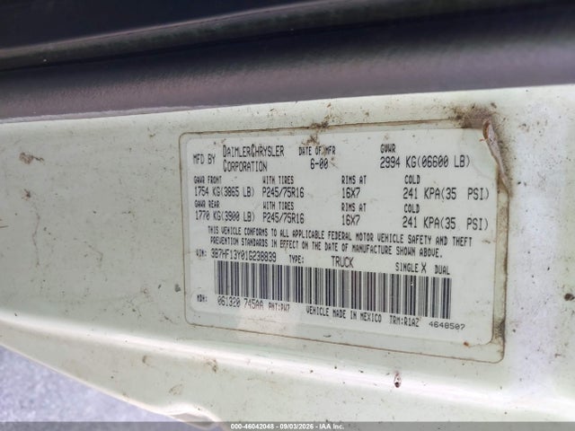 46042048 :رقم المزاد ، 3B7HF13Y01G238839 vin ، 2001 Dodge Ram 1500 St مزاد بيع