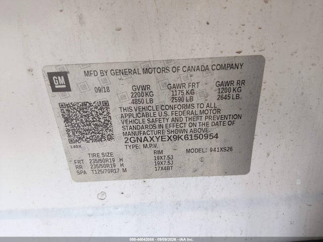 Aukcja sprzedaży 2019 Chevrolet Equinox Premier, vin: 2GNAXYEX9K6150954, numer aukcji: 46042058
