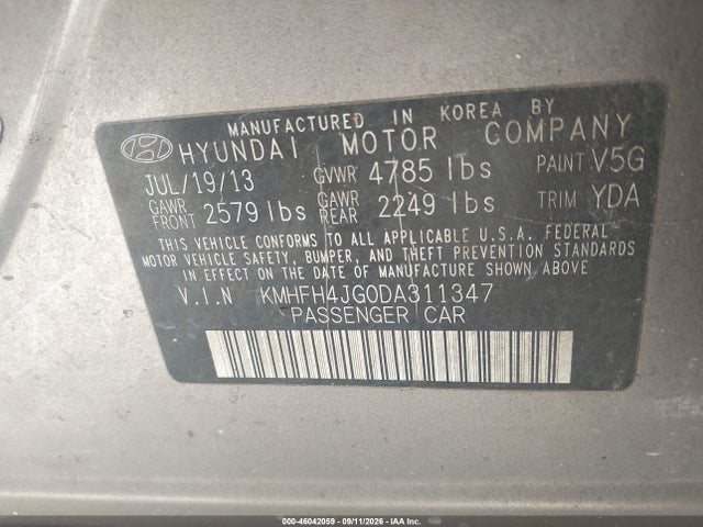 Aukcja sprzedaży 2013 Hyundai Azera, vin: KMHFH4JG0DA311347, numer aukcji: 46042059