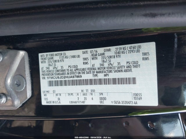 Auction sale of the 2017 Ford Escape Titanium, vin: 1FMCU9JD2HUA97869, lot number: 46042066
