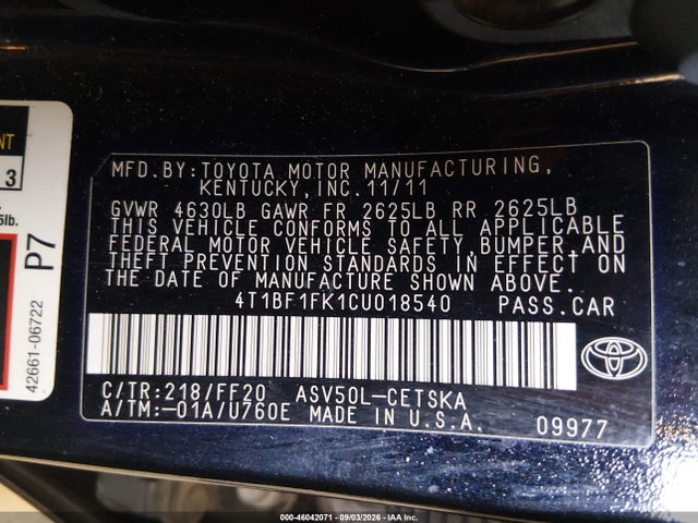 Aukcja sprzedaży 2012 Toyota Camry Se, vin: 4T1BF1FK1CU018540, numer aukcji: 46042071