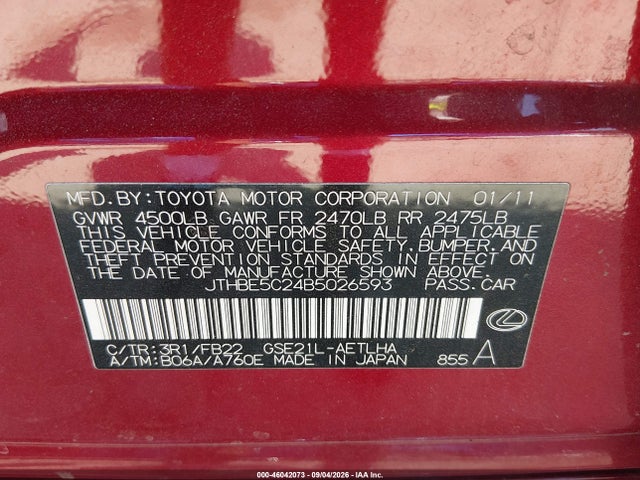 Aukcja sprzedaży 2011 Lexus Is 350, vin: JTHBE5C24B5026593, numer aukcji: 46042073