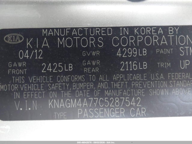 Продажа на аукционе авто 2012 Kia Optima Lx, vin: KNAGM4A77C5287542, номер лота: 46042076