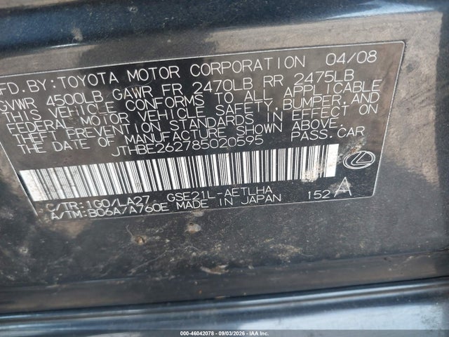 Aukcja sprzedaży 2008 Lexus Is 350, vin: JTHBE262785020595, numer aukcji: 46042078