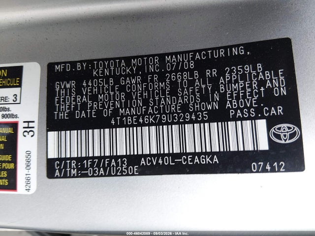 2009 Toyota Camry Xle მანქანა იყიდება აუქციონზე, vin: 4T1BE46K79U329435, აუქციონის ნომერი: 46042089