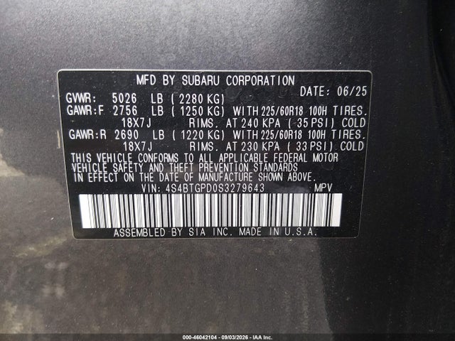 Продаж на аукціоні авто 2025 Subaru Outback Touring Xt, vin: 4S4BTGPD0S3279643, номер лоту: 46042104