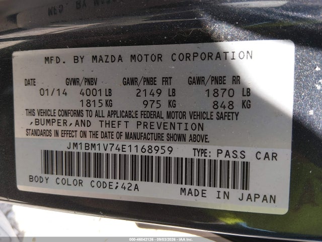 2014 Mazda Mazda3 I Touring მანქანა იყიდება აუქციონზე, vin: JM1BM1V74E1168959, აუქციონის ნომერი: 46042126