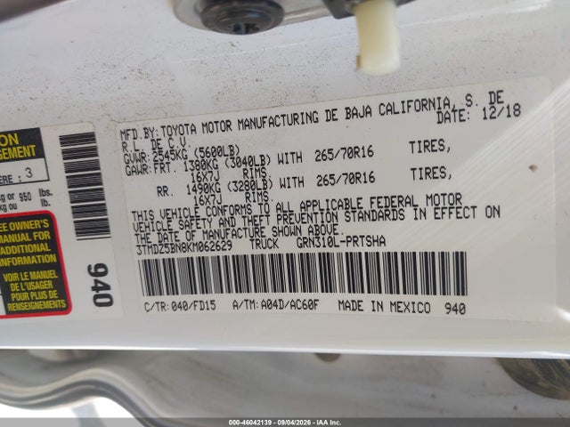 46042139 :رقم المزاد ، 3TMDZ5BN8KM062629 vin ، 2019 Toyota Tacoma Trd Off Road مزاد بيع