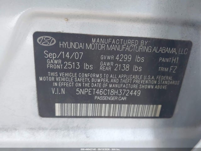 Продажа на аукционе авто 2008 Hyundai Sonata Gls, vin: 5NPET46C18H372449, номер лота: 46042140